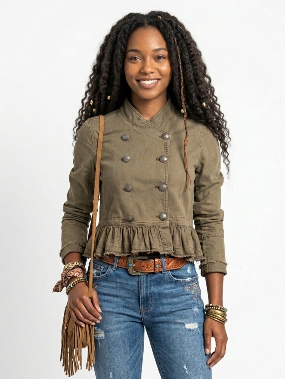Free People Olive Military Inspired Flared Hem Denim Jacket - Small - Picture 1 of 11
